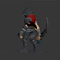 Game Movie Character Armored Warrior With Red Cape Standing On Stone Tiles Holding Glowing Weapon
