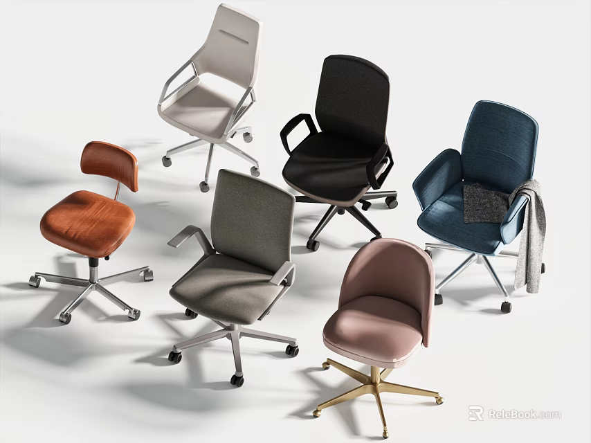 Modern Office Chairs In Various Colors And Different Styles With Wheels For Workspace 3d model 