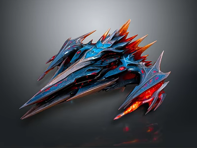 Futuristic Mechanical Weapon With Blue Body Red Spikes And Glowing Red Accents 3d model