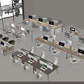 Modern Office Desks in Spacious Workspace with Computer Monitors White Brown Chairs and Large Windows