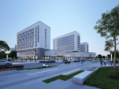 Modern Office Building Exterior With Multiple Structures Trees Vehicles Pedestrians On Street 3d model
