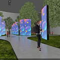 Outdoor Pathway With Illuminated Screens Colorful Patterns Trees And People Taking