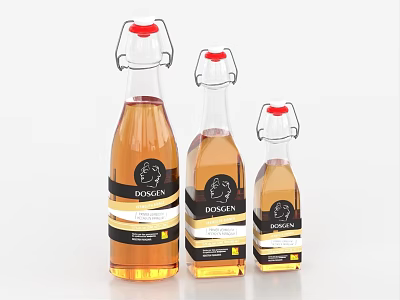 DOGAN Beverage Bottles With Three Sizes Amber Liquid Black Labels Red Caps 3d model