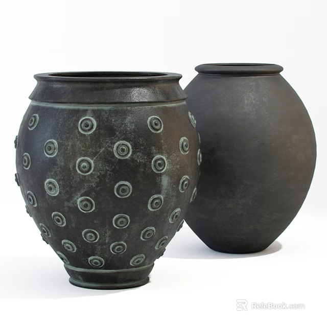 Two Decorative Ceramic Vases With Circular Patterns And Solid Black Finish 3d model 