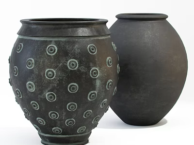 Two Decorative Ceramic Vases With Circular Patterns And Solid Black Finish 3d model