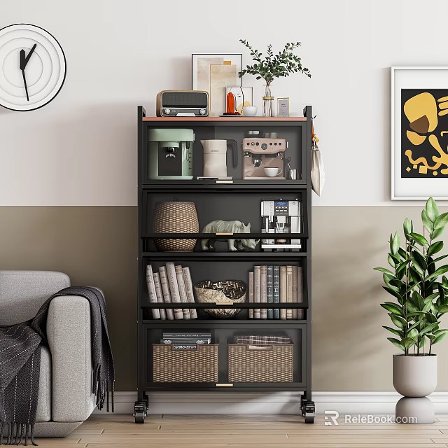Stylish Living Room Storage Shelf With Coffee Maker Books Baskets And Decorative Items 3d model 