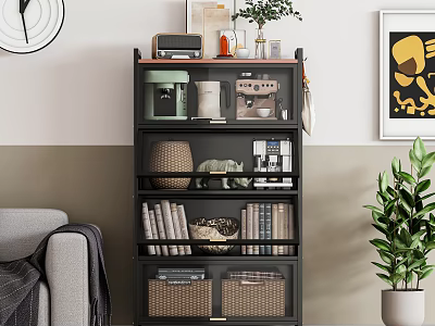 Stylish Living Room Storage Shelf With Coffee Maker Books Baskets And Decorative Items 3d model
