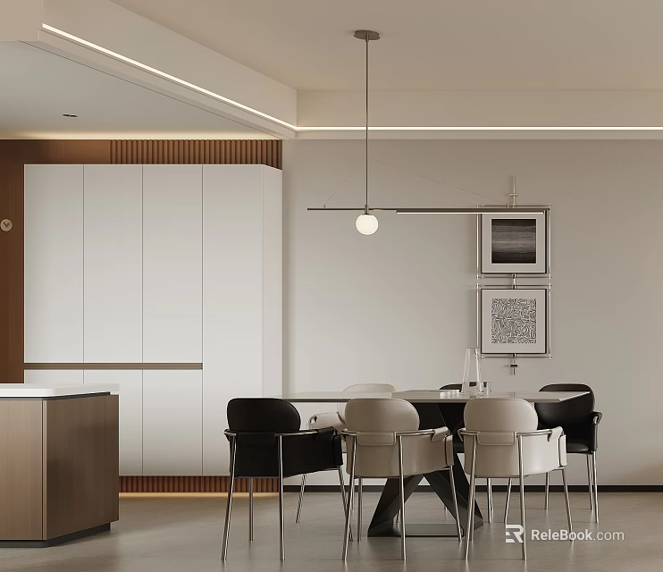 Modern Open Concept Dining Area With Dining Table Chairs Pendant Light And Cabinets 3d model