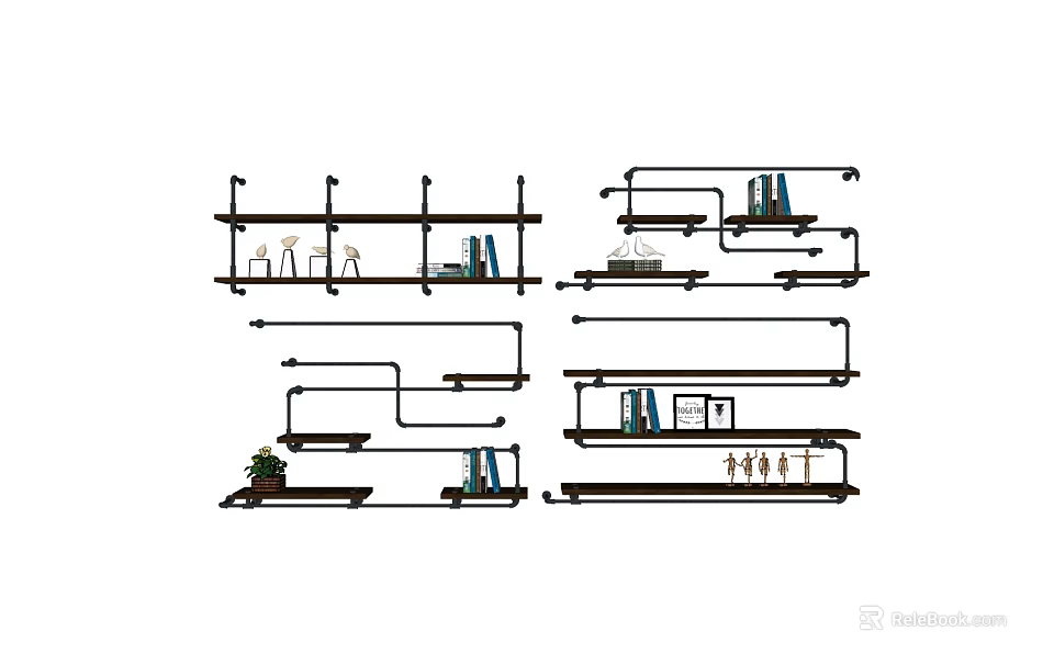 Modern Wall Mounted Shelving Units With Books Decorative Items And Plants 3d model 
