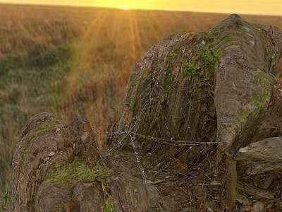 Wild Reptile Basking On Moss Covered Logs In Golden Grass Field At Sunset 3d model