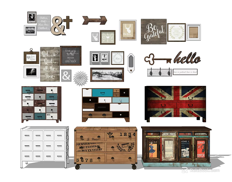 Vintage Console Table And Side Cabinet With Decorative Wall Art Storage Drawers And Decor Elements 3d model