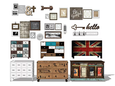 Vintage Console Table And Side Cabinet With Decorative Wall Art Storage Drawers And Decor Elements 3d model