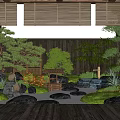 Serene Japanese Garden With Wooden Deck Green Plants Pine Trees Moss Stones And Small Pavilion