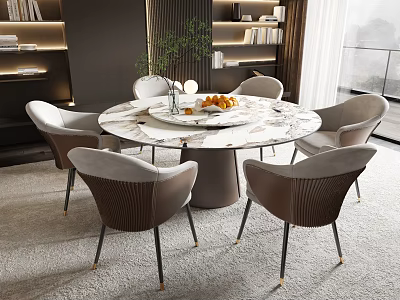 Modern Luxury Dining Set With Round Marble Table And Six Gray Chairs 3d model