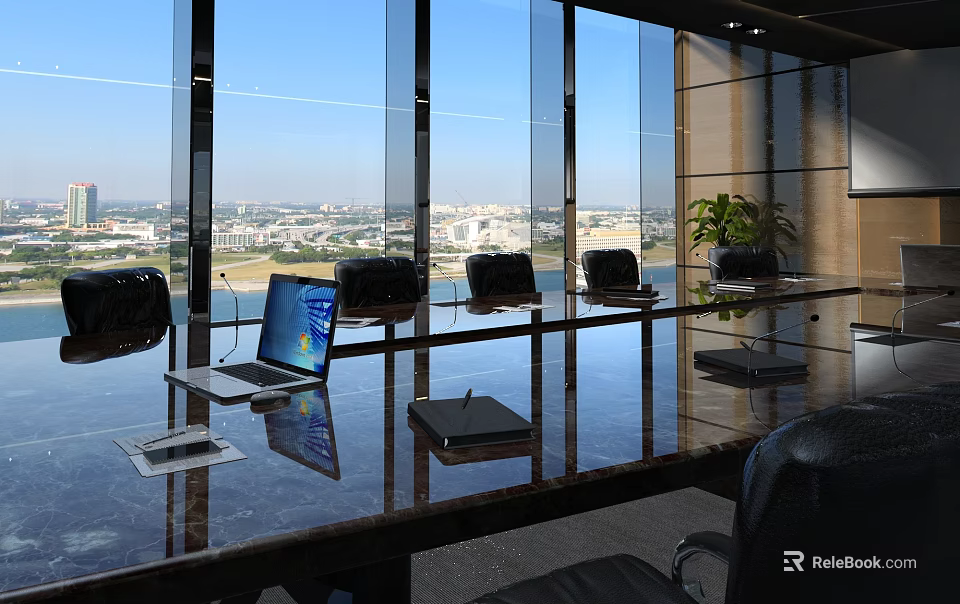 Modern Conference Room Design With Large Windows City View Long Table Laptop Notebook And Chairs 3d model 