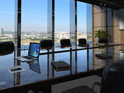 Modern Conference Room Design With Large Windows City View Long Table Laptop Notebook And Chairs 3d model