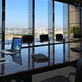 Modern Conference Room Design With Large Windows City View Long Table Laptop Notebook And Chairs