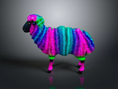 Neon Colored Fluffy Sheep With Vibrant Stripes And Glowing Effect On Dark Background 3d model