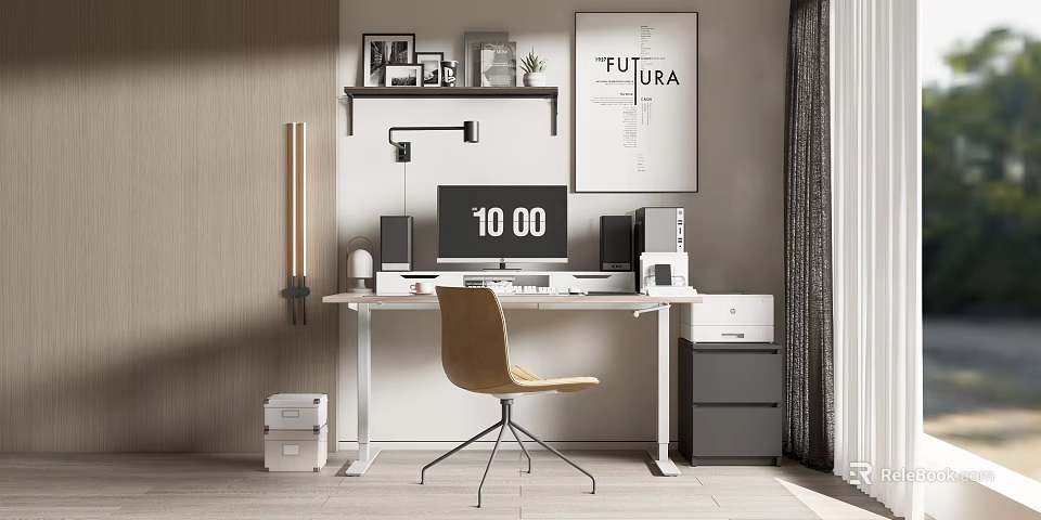 Contemporary Office Desk With Computer Monitor Desk Lamp Chair FUTURA Wall Art And Storage Cabinet 3d model 