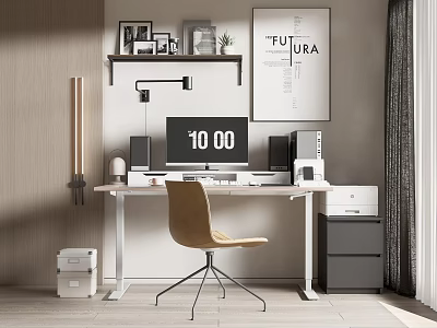 Contemporary Office Desk With Computer Monitor Desk Lamp Chair FUTURA Wall Art And Storage Cabinet 3d model