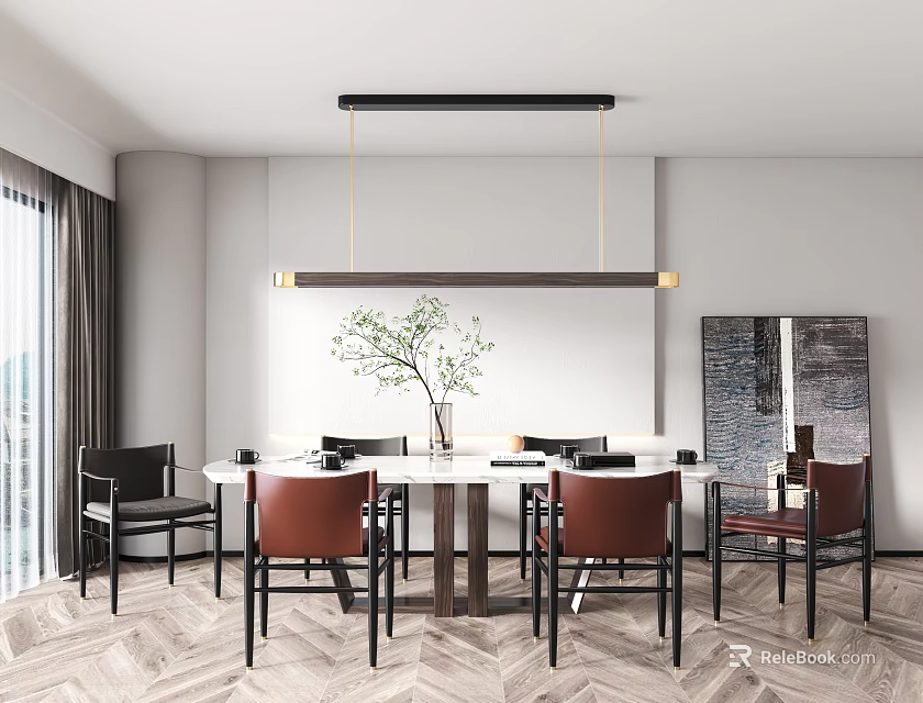 Modern Dining Table Set With Rectangular White Table Brown Chairs Pendant Light And Potted Plant 3d model