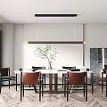 Modern Dining Table Set With Rectangular White Table Brown Chairs Pendant Light And Potted Plant 3d model