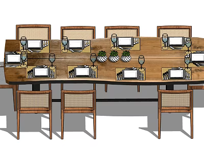 Wooden Dining Table Set With Woven Chairs Plates Wine Glasses And Green Plants 3d model