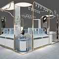 Modern Mall Store Interior With Golden Frame Display Counters And Blue Stool Lighting 3d model