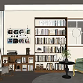 Elegant Study Room Interior With Large Bookshelves Green Armchair And Decorative Wall Art