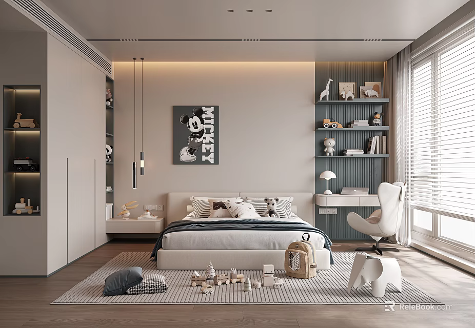 Modern Minimalist Kids Room Interior Design With Bed Pillows Bookshelves Wall Art Toys And Rug 3d model 