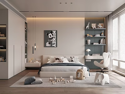 Modern Minimalist Kids Room Interior Design With Bed Pillows Bookshelves Wall Art Toys And Rug 3d model