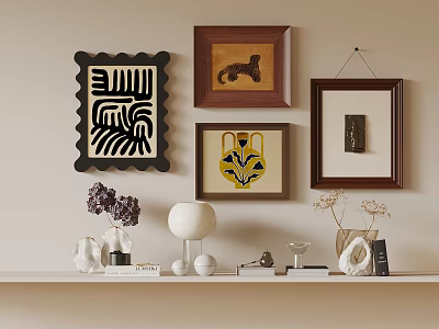 Stylish Wall Art And Shelf Decor With Framed Paintings Vases Dried Flowers And Lamp 3d model
