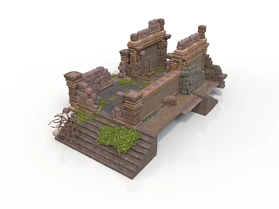 Modern 3D Model of Ancient Stone Ruins Featuring Steps and Vegetation 3d model