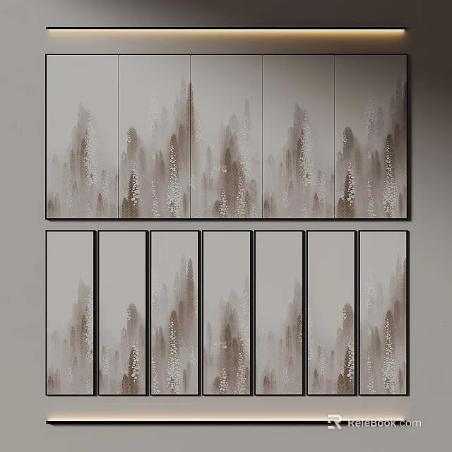 Modern Abstract Paintings With Natural Textures Brown Gray Tones Vertical Frames Two Rows 3d model