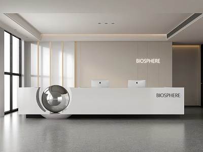 Modern Front Desk Reception Design With White Counter Spherical Decor And BIOSPHERE Logo 3d model