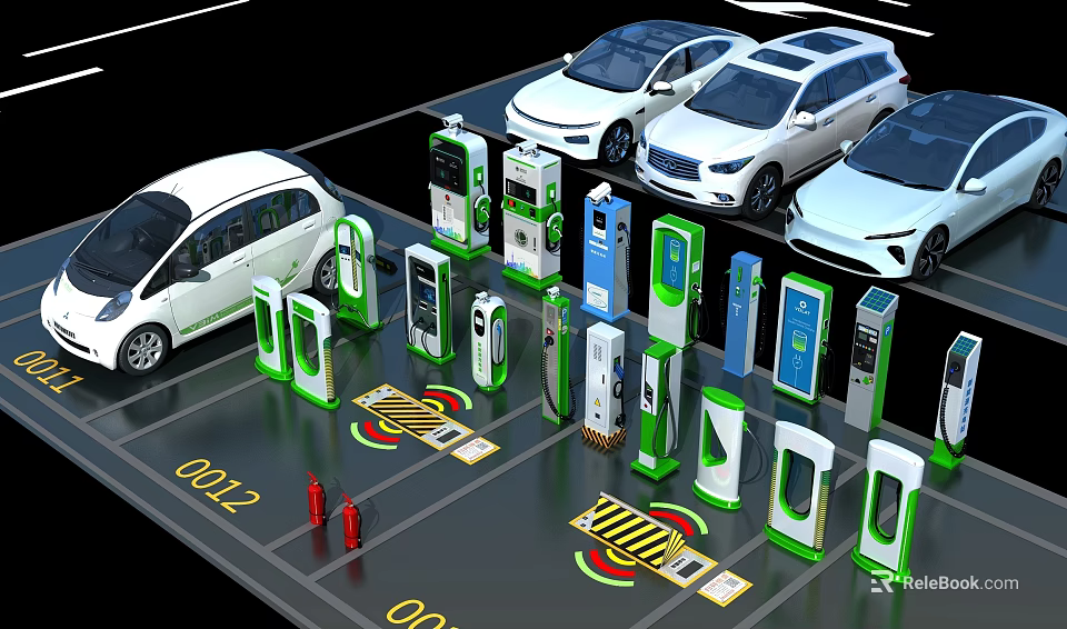 Electric Vehicle Charging Stations With Various Designs In Parking Lot With White EVs And Markings 3d model 