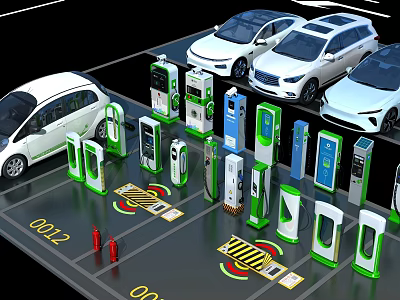 Electric Vehicle Charging Stations With Various Designs In Parking Lot With White EVs And Markings 3d model