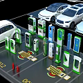 Electric Vehicle Charging Stations With Various Designs In Parking Lot With White EVs And Markings