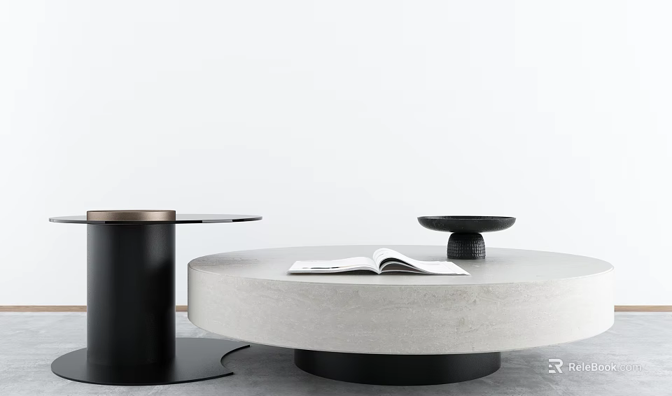 Modern Round Coffee Table With Concrete Top Black Base And Open Book Decorative Bowl 3d model 