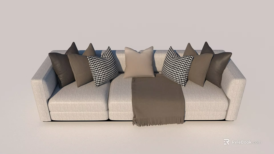 Sectional Sofa Light Gray Fabric with Dark Gray Beige Checkerboard Pattern Pillows and Throw Blanket 3d model