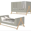 Modern Minimalist Baby Crib With Light Gray Soft Fabric Headboard And Wooden Triangle Legs