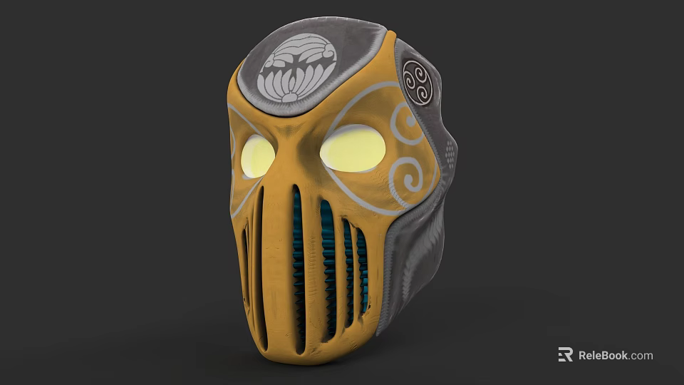 Yellow And Gray Decorative Hat With Glowing Eyes Spiral Designs And Circular Motifs 3d model 