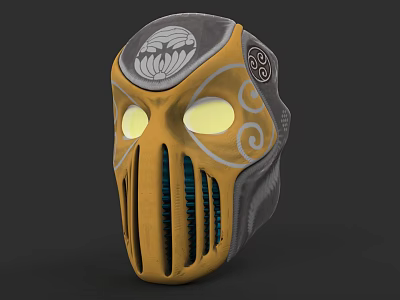 Yellow And Gray Decorative Hat With Glowing Eyes Spiral Designs And Circular Motifs 3d model