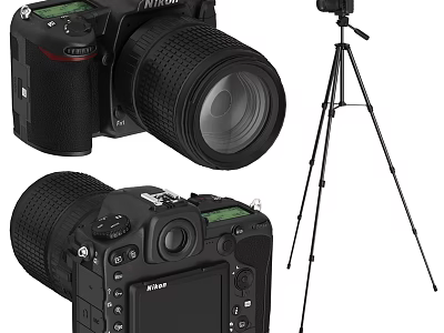 Nikon Digital Camera With Tripod And Professional Lens Body Design Features 3d model