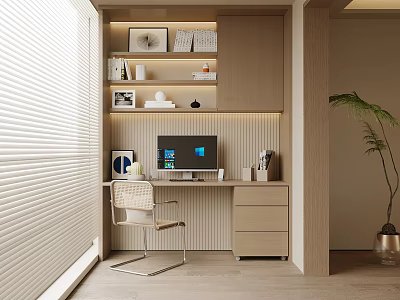 Modern Wooden Desk Setup With Built-in Shelves Computer Chair LED Strip Lights And Potted Plant 3d model