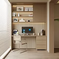 Modern Wooden Desk Setup With Built-in Shelves Computer Chair LED Strip Lights And Potted Plant