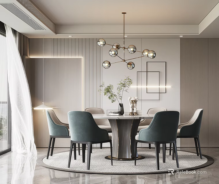 Elegant Modern Restaurant Interior With Round Dining Table Green Chairs And Pendant Light 3d model 