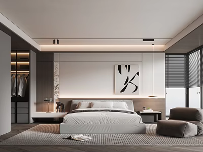 Modern Stylish Bedroom Interior Design With Comfortable Bed Nightstands Artwork And Window Blinds 3d model