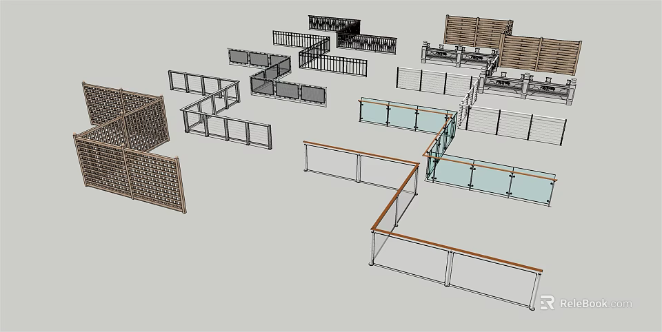 Various Outdoor Fence Designs With Wooden Lattice Metal Railings And Glass Panels 3d model 