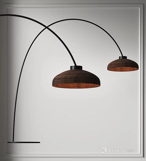 Modern Floor Lamp With Arched Black Arms And Wooden Shades For Home Decor 3d model 